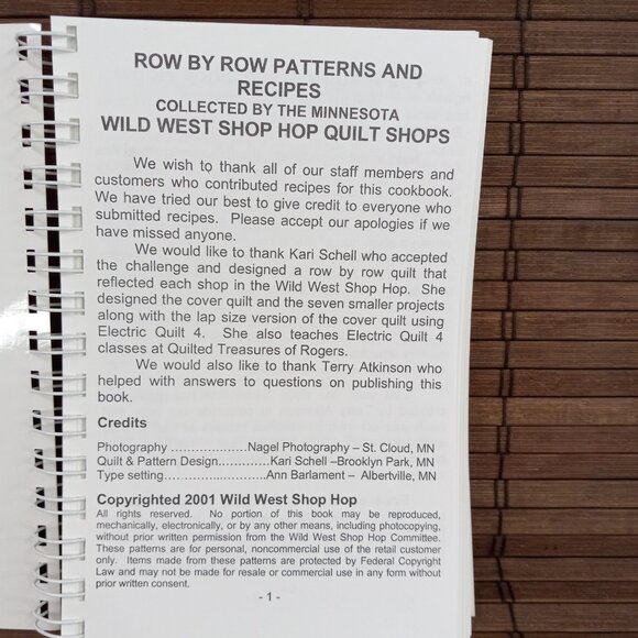 Row By Row Patterns Recipes Minnesota 2001 Wild West Shop Hop Quilt Shops Cookbo - Picture 2 of 8